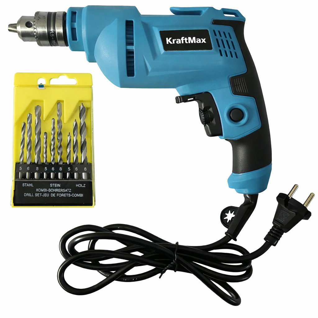 Inditrust All New 500W 10mm drill machine 6 Month warranty, 100% Copper Winding Forward/Reverse for Wood & Metal Work with Variable Speed Control with 9pc Drill bit set (BLUE)