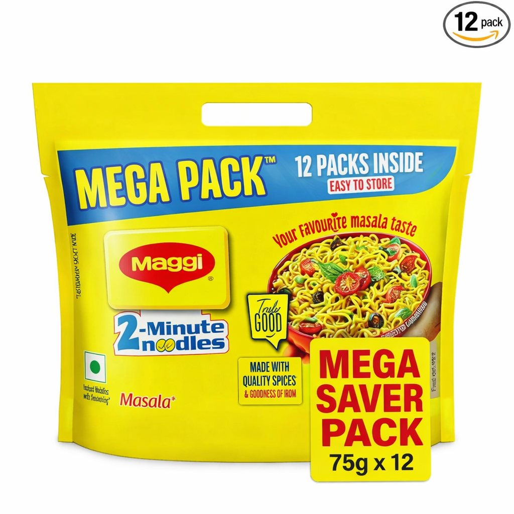 MAGGI 2-Minute Instant Noodles, Masala Noodles With Goodness Of Iron, Made With Choicest Quality Spices, Favourite Masala Taste, 840/900g Pouch (Pack of 12, 70/75g each) (weight may vary)