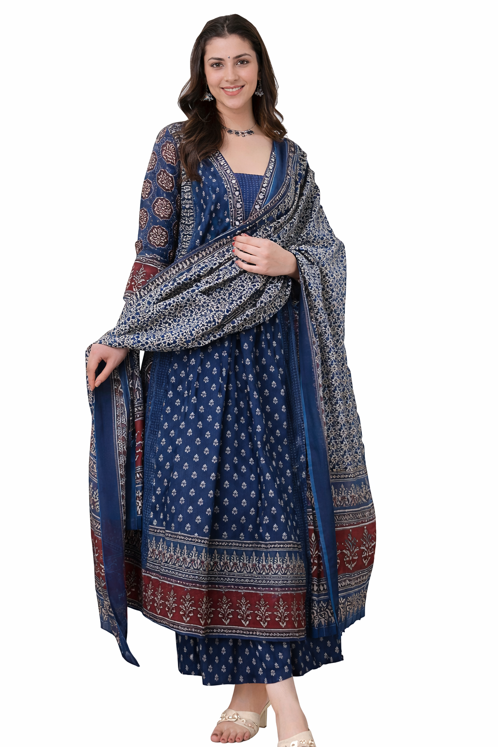 KLOSIA Women's Rayon Printed Anarkali Kurta and Pant with Dupatta Set