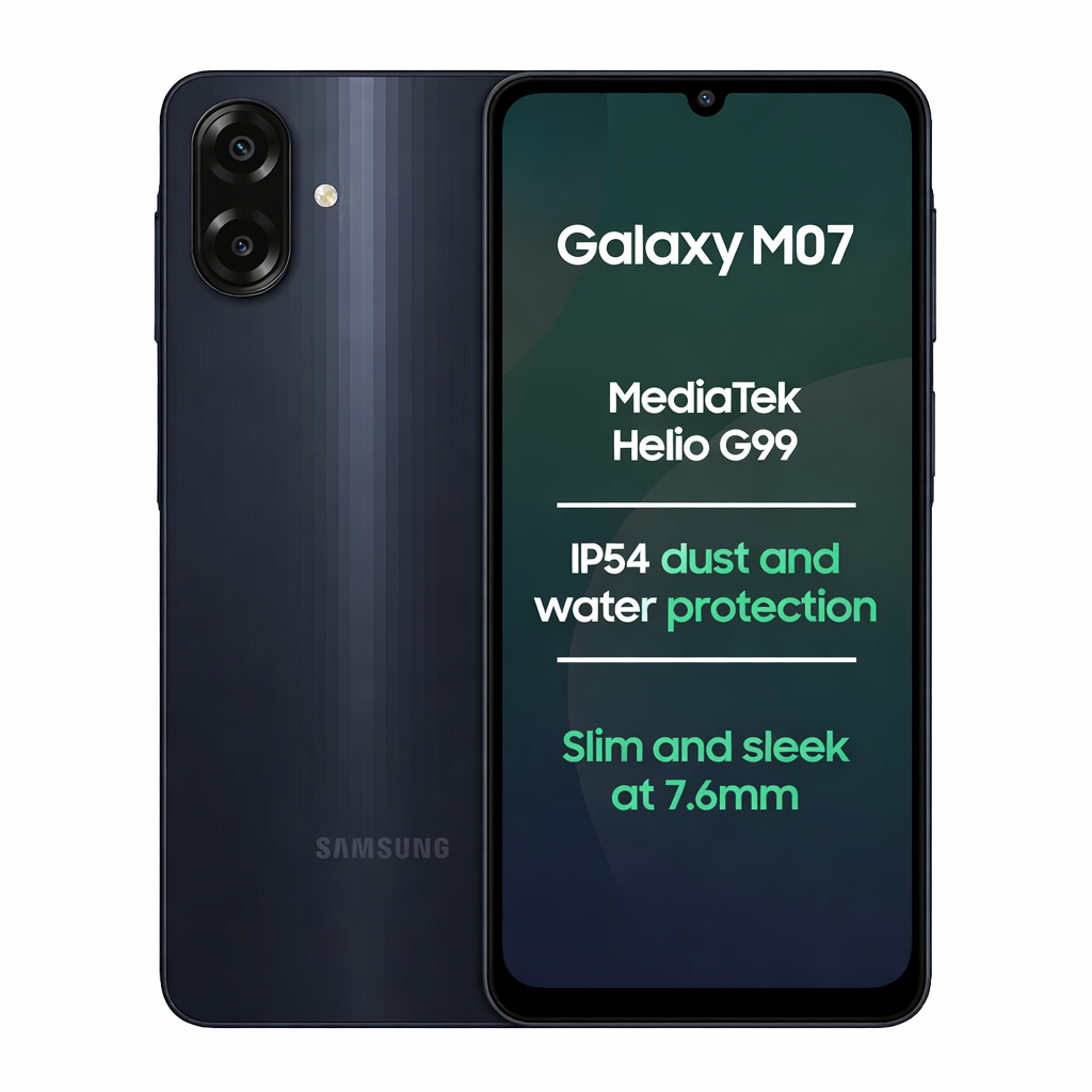 Samsung Galaxy M07 Mobile (Black, 4GB RAM, 64GB Storage) | MediaTek Helio G99 | AnTuTu 624K | IP54| 50MP Camera | 7.6mm Slim | 5000mAh Battery | 25W Fast Charging | 6 Gen OS Upgrades | Without Charger