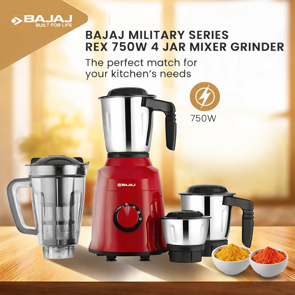 Bajaj Military Series Rex 750W 4 Jar Mixer Grinder | DuraCut Blades | 2-In-1 Function Blade In Dry Jar | 2 Yrs Warranty 【Red/Black】