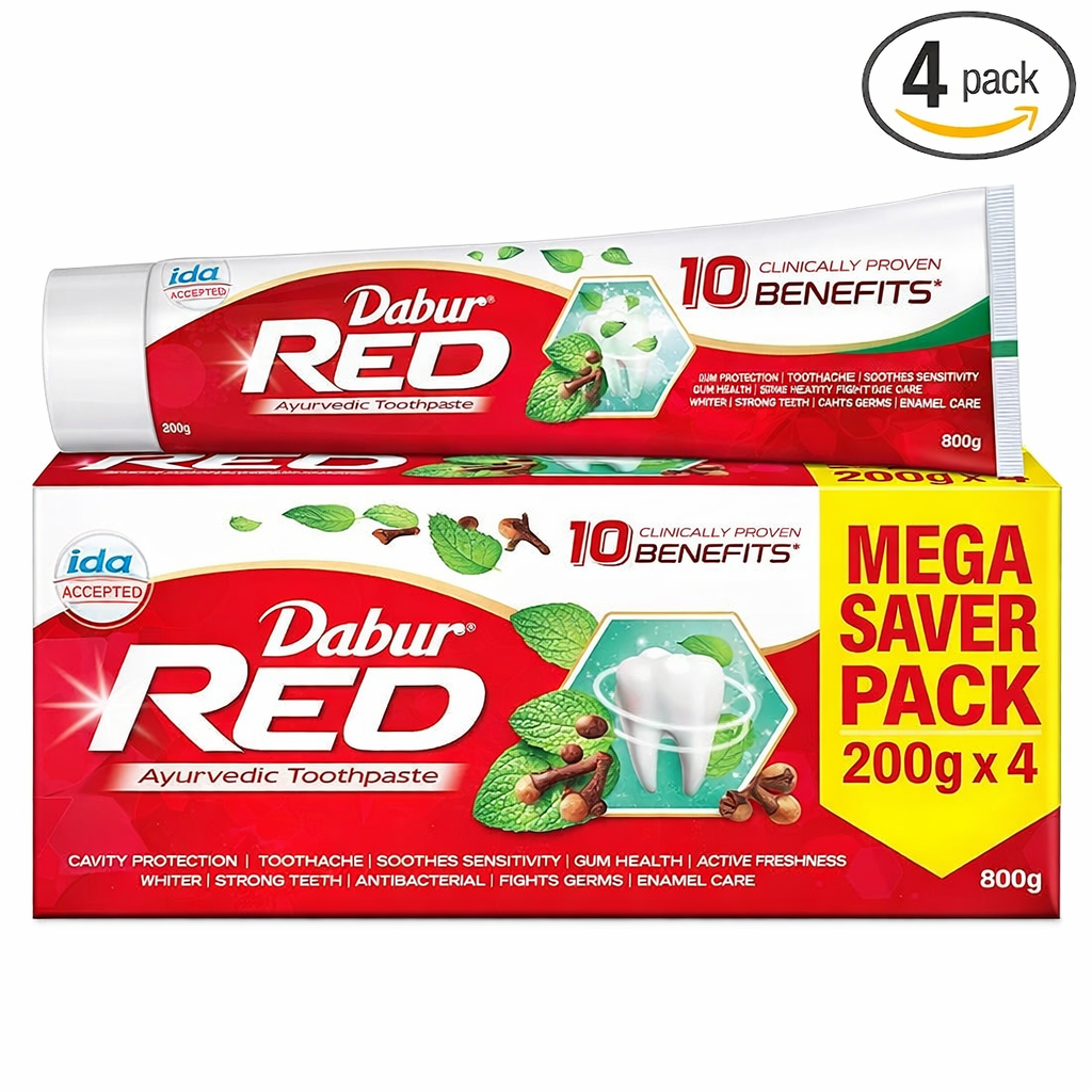 Dabur Red Paste - India's No.1 Ayurvedic Paste, Provides Protection Plaque Removal, Toothache, Yellow Teeth, Bad Breath- 800g (200gm*4)