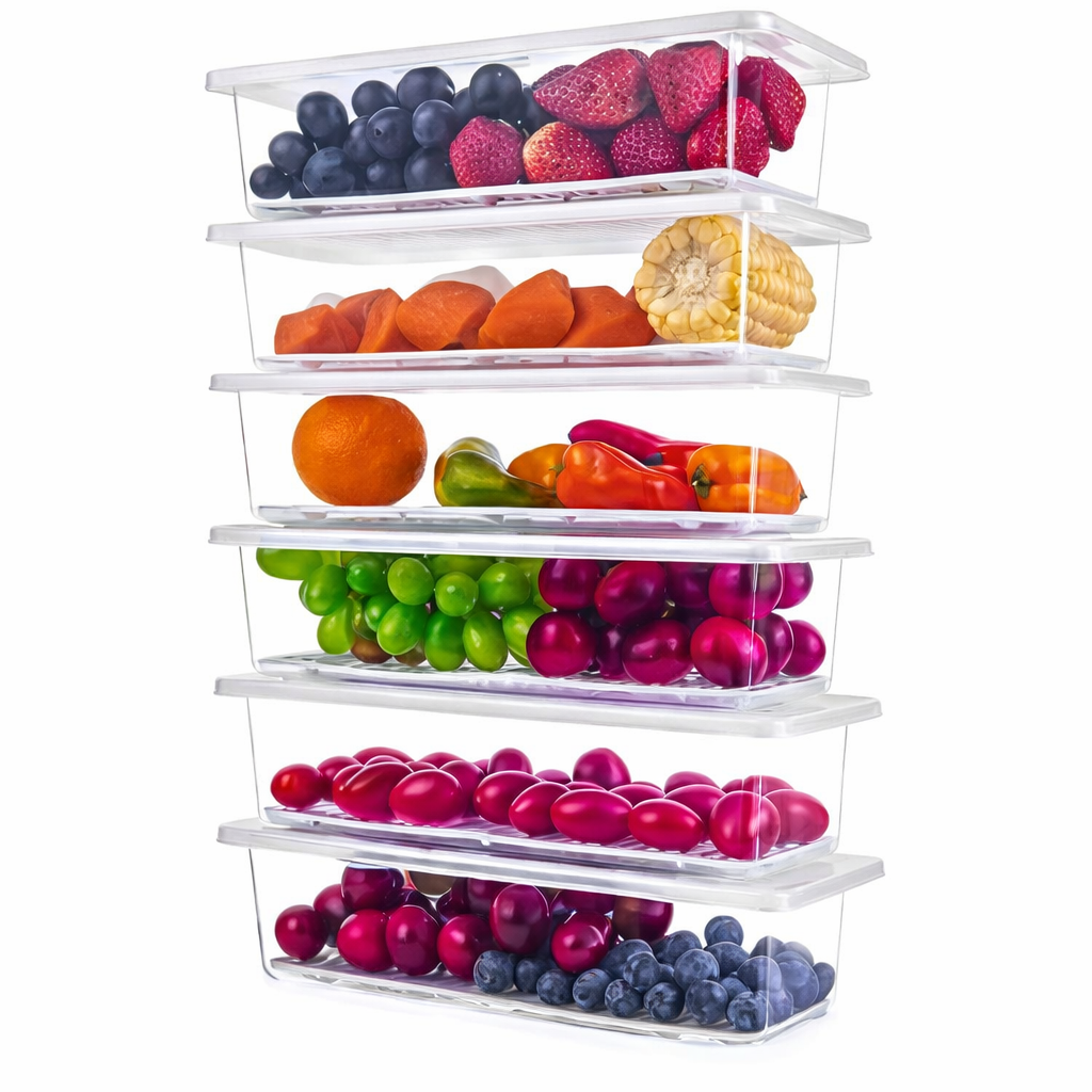 6 Fridge Storage Boxes Fridge Organizer With Removable Drain Plate&Lid Stackable Fridge Storage Containers Plastic Freezer Storage Containers For Fish,Meat,Vegetables,Fruits(1500Ml),Transparent