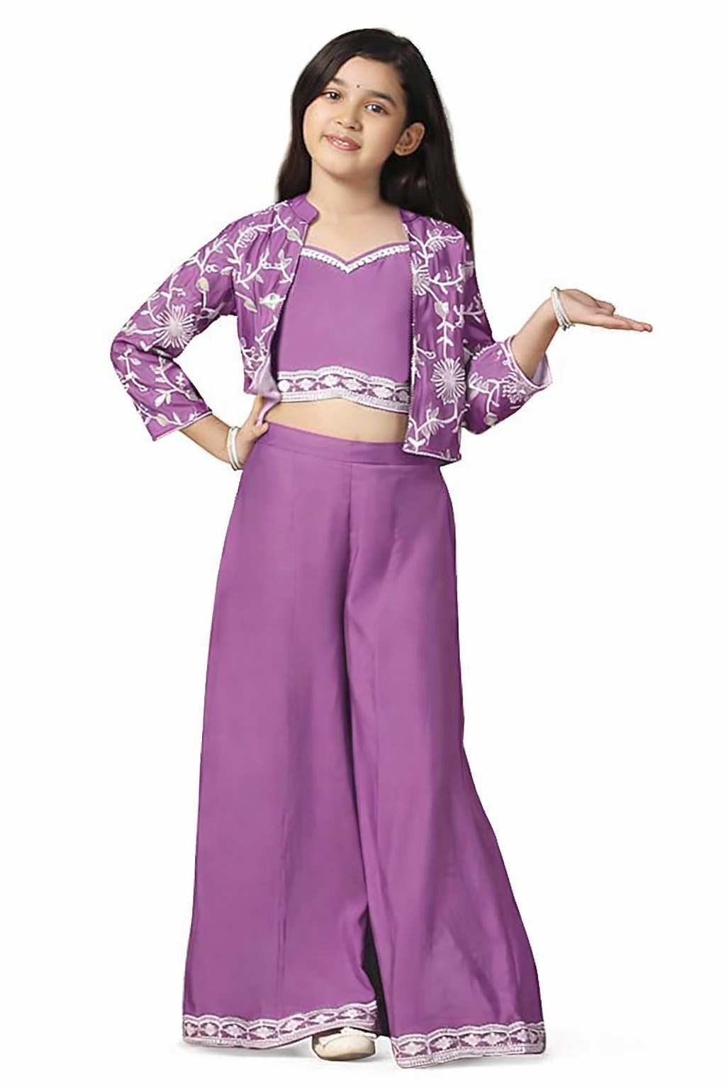 Fashion Dream Girl's Silk Blend Ethnic Top and Palazzo Set |Kids Salwar Suit Set|Embroidered Suit for Girls|Ethnic Wear|Indo Western Set