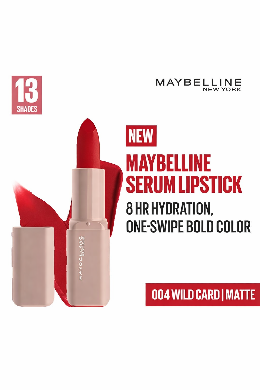 Maybelline New York Serum Lipstick (Matte) 8Hr weightless hydration, One-swipe bold color, Red - 004 Wild Card, 4.5g